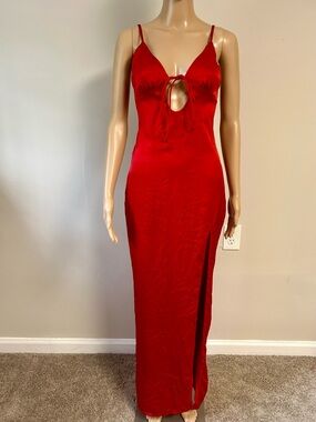 White Fox Boutique Red Satin Tie-Front Maxi Gown